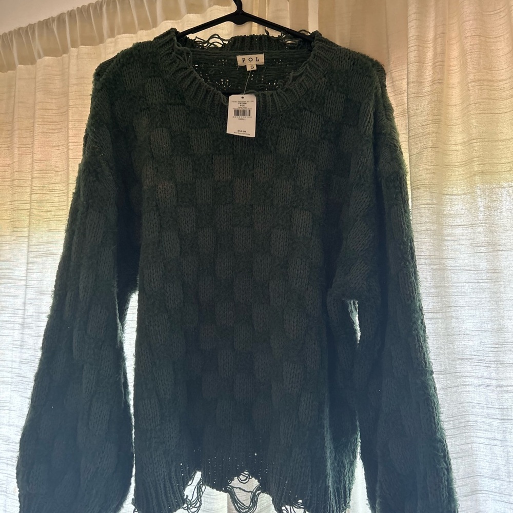 Buckle Green Crew Neck Sweater Plush Knit
